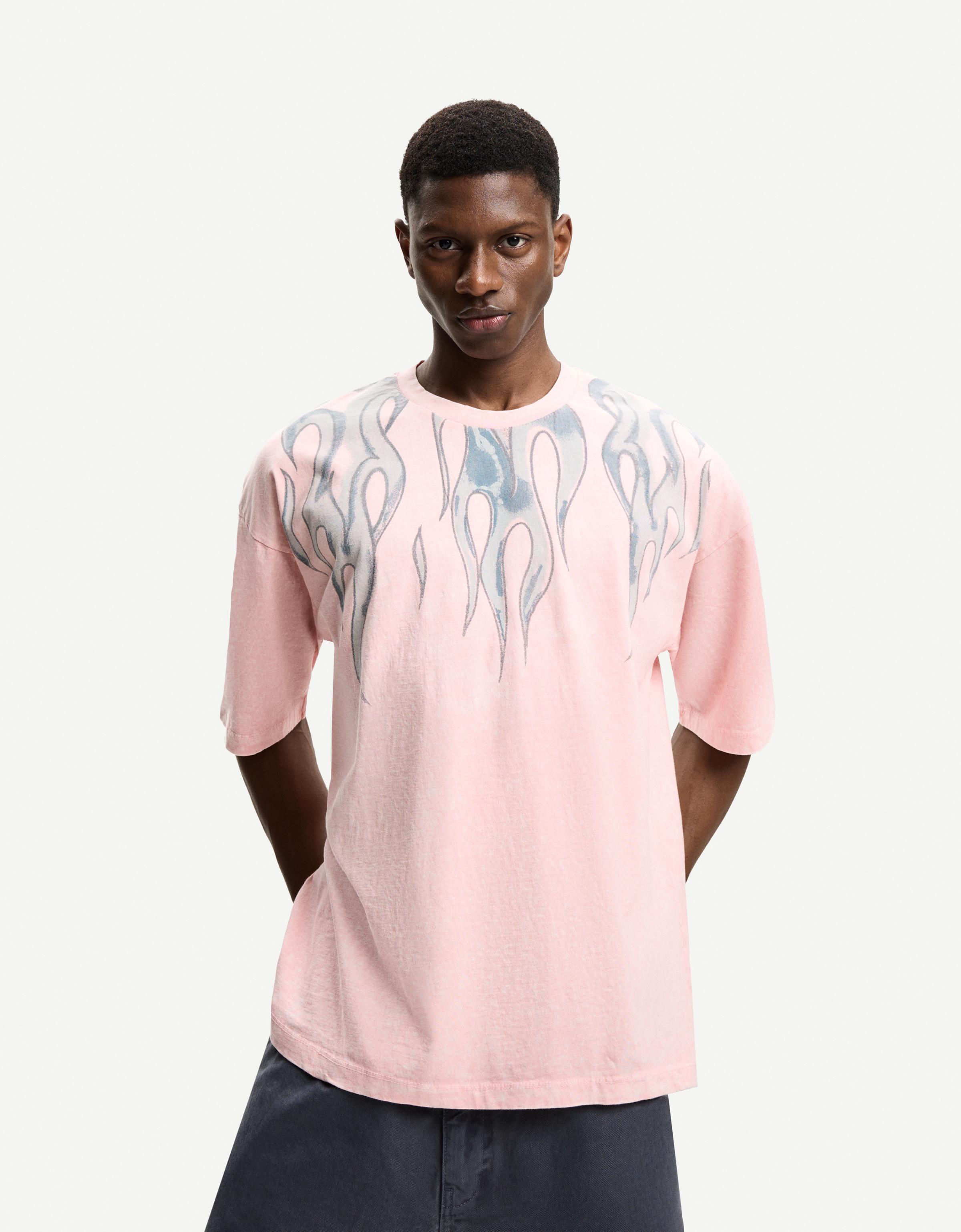 Bershka Oversize-T-Shirt Mit Print Und Kurzen Ärmeln Herren Xl Rosa