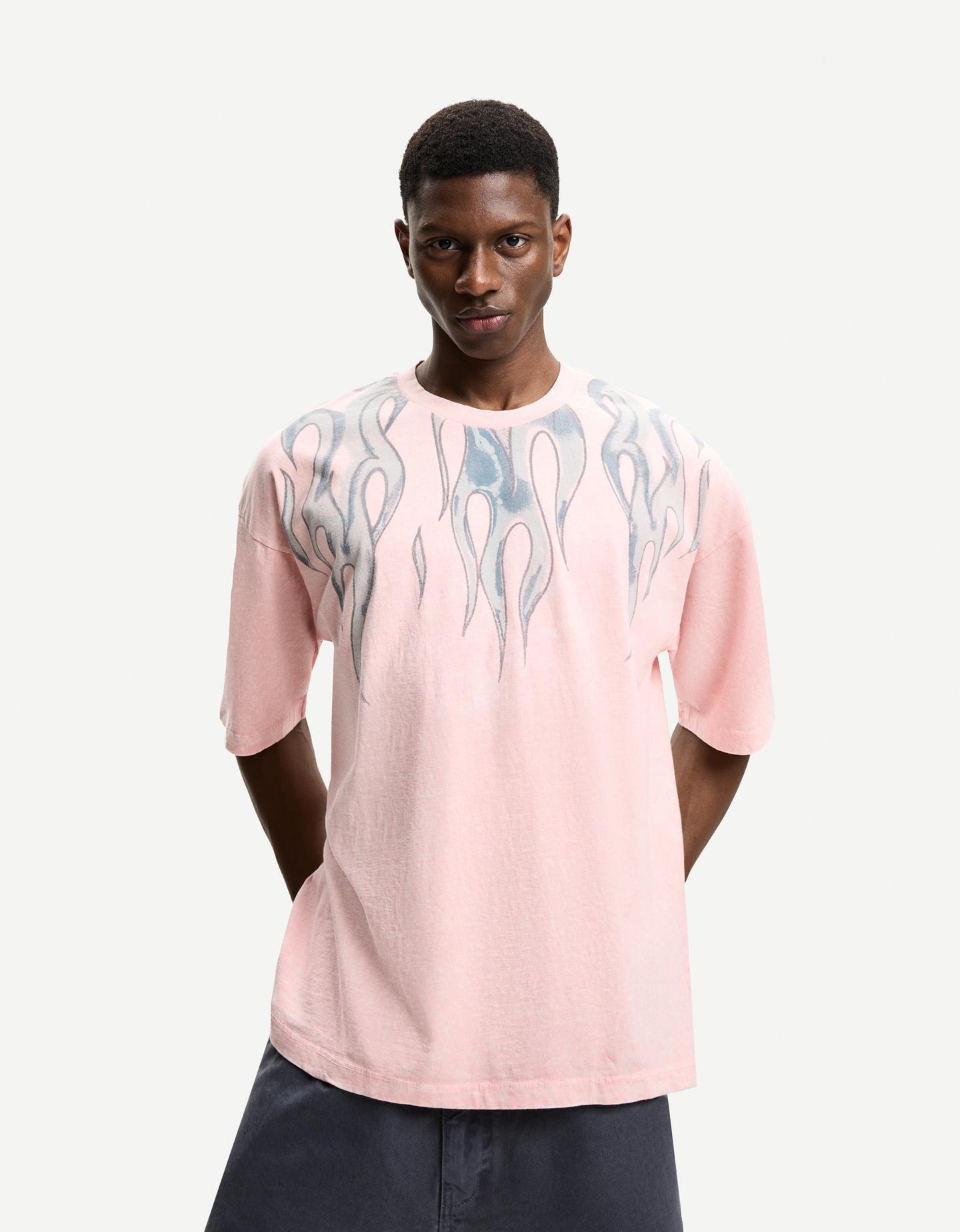 Bershka Camiseta Oversize Manga Corta Print Hombre L Rosa