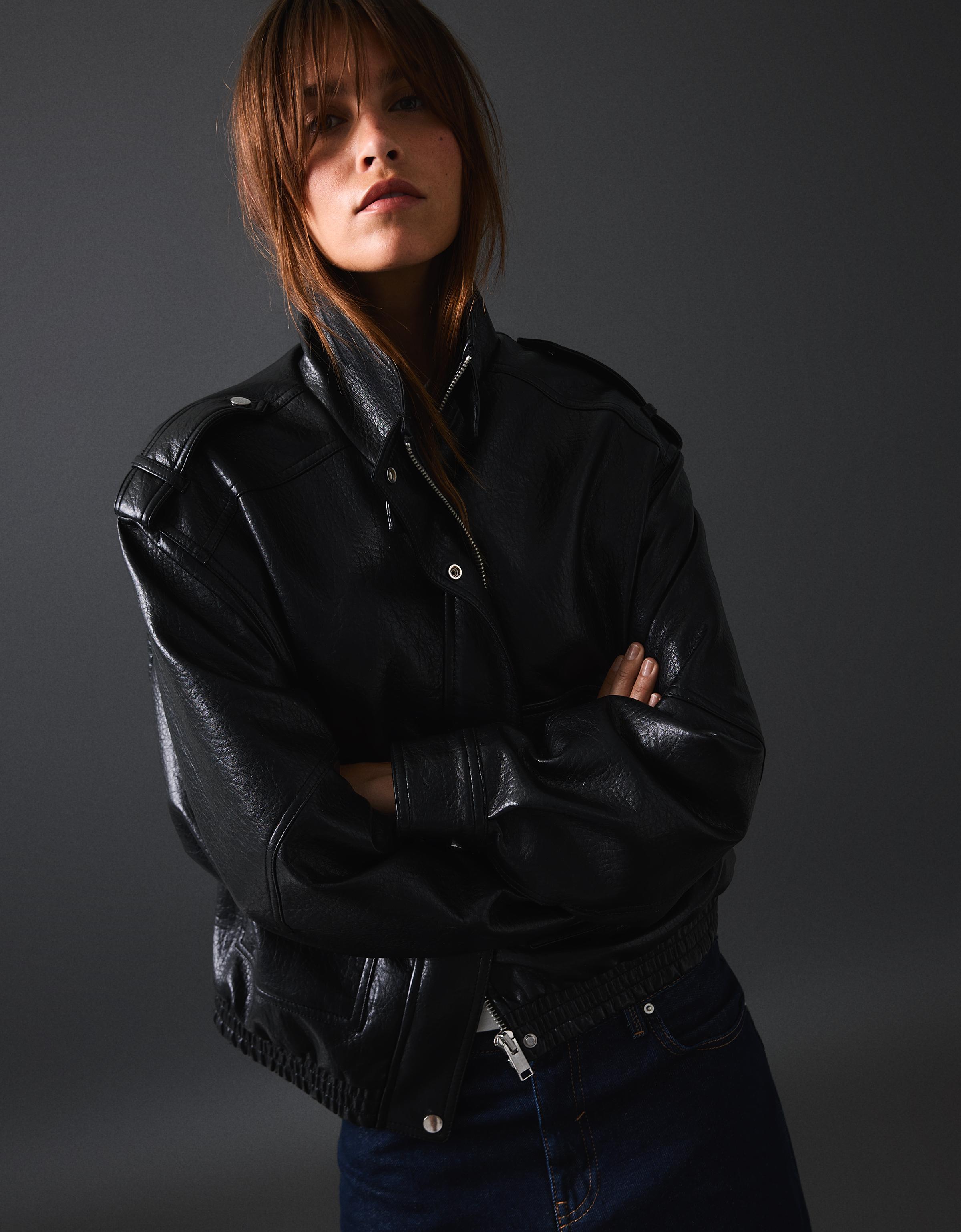 Leather effect funnel neck jacket — Black
