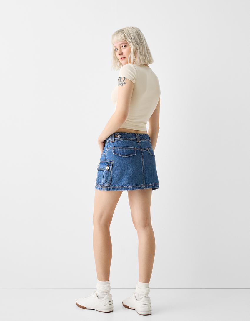 Mini-jupe denim cargo-Bleu lavé-2