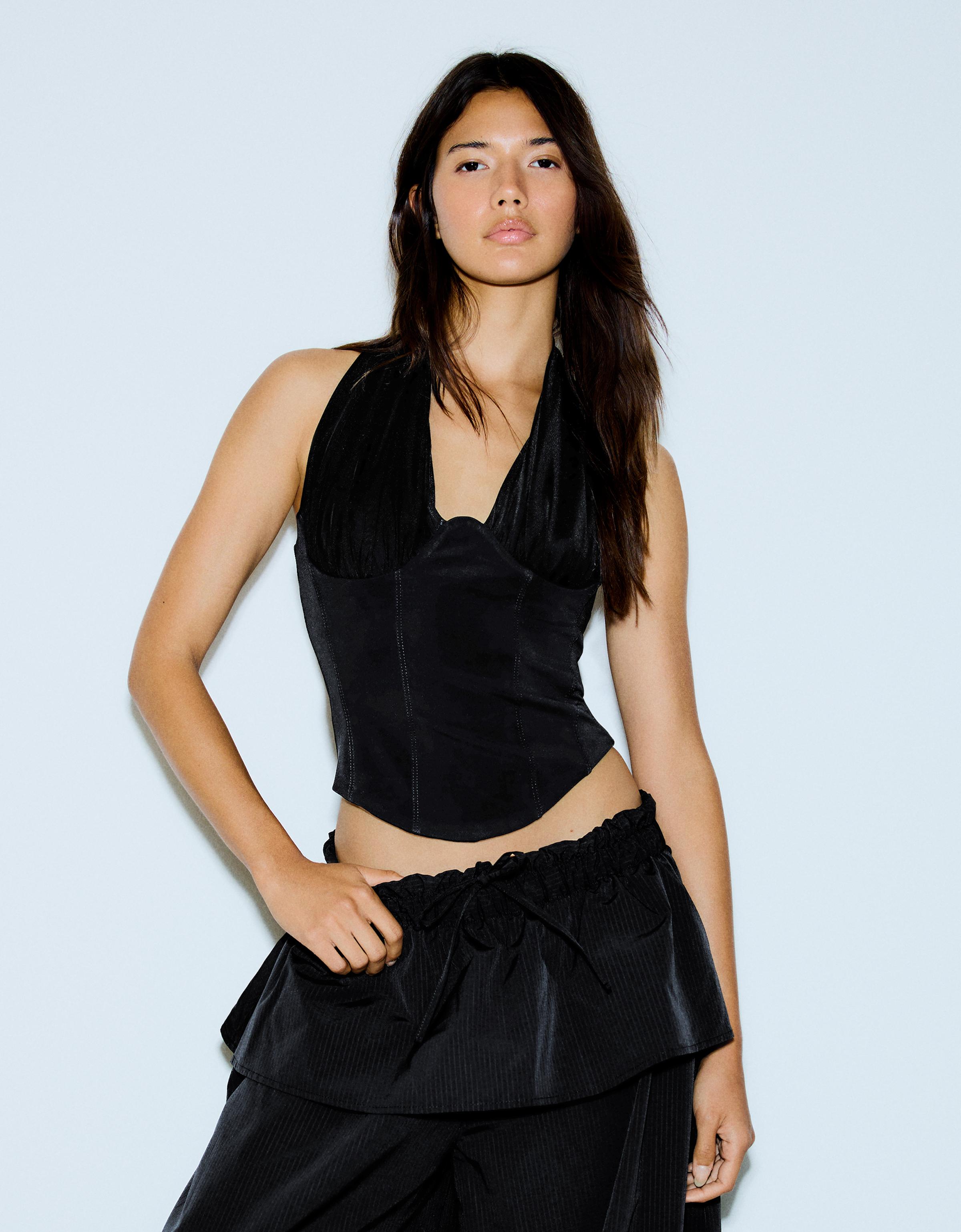 Bershka Łączony Gorsetowy Top Z Tiulu Kobieta Czarny