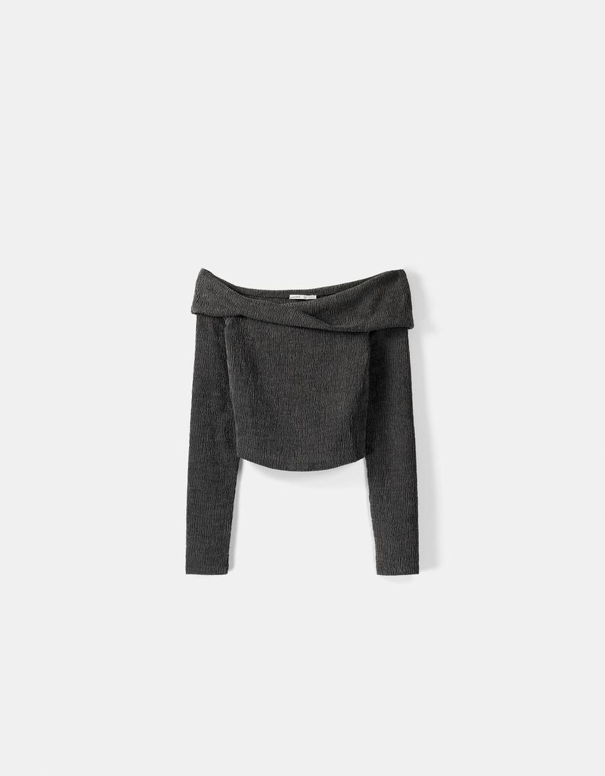 تيشرت مكشوفة الأكتاف بغرزة وافل وأكمام طويلة-رمادي-5