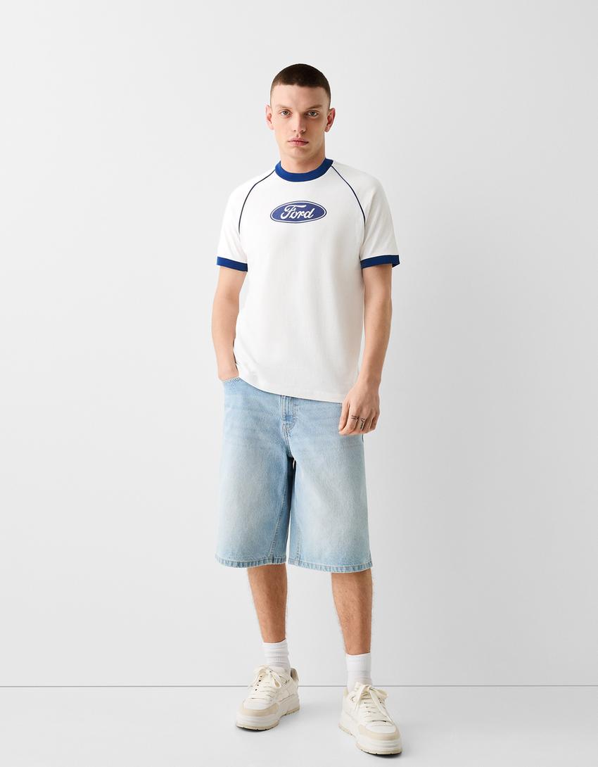 تيشرت قصير بقصة مربعة وأكمام رغلان وطبعة فورد-أبيض-3