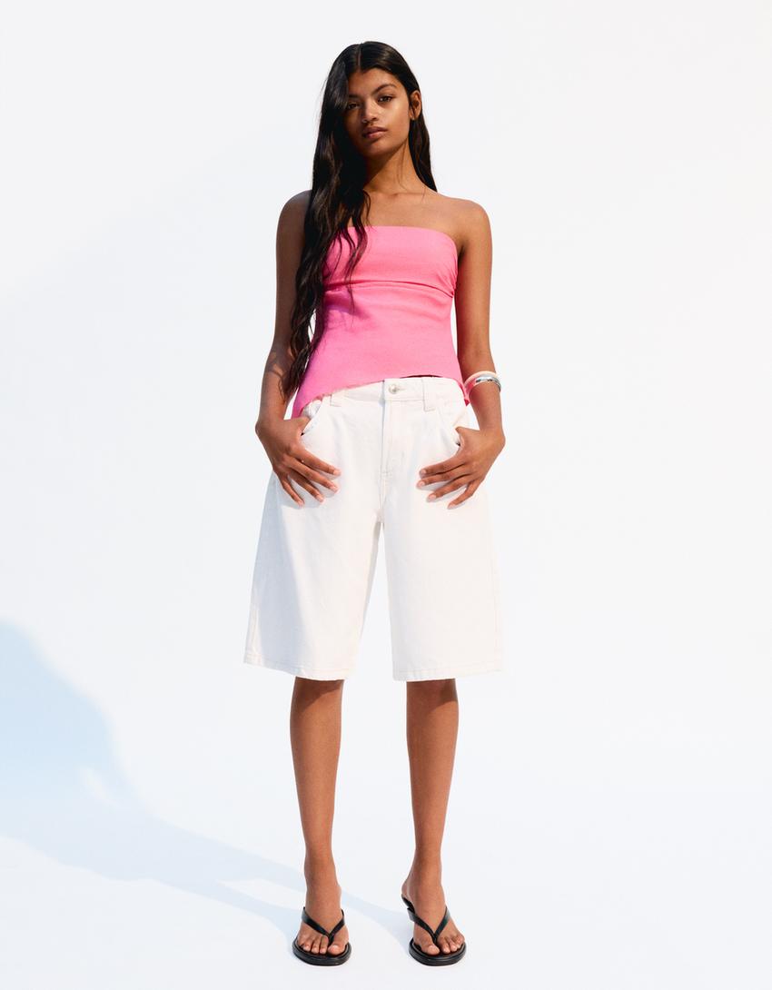 Bandeau-Top mit Leinen-Fuchsia-1
