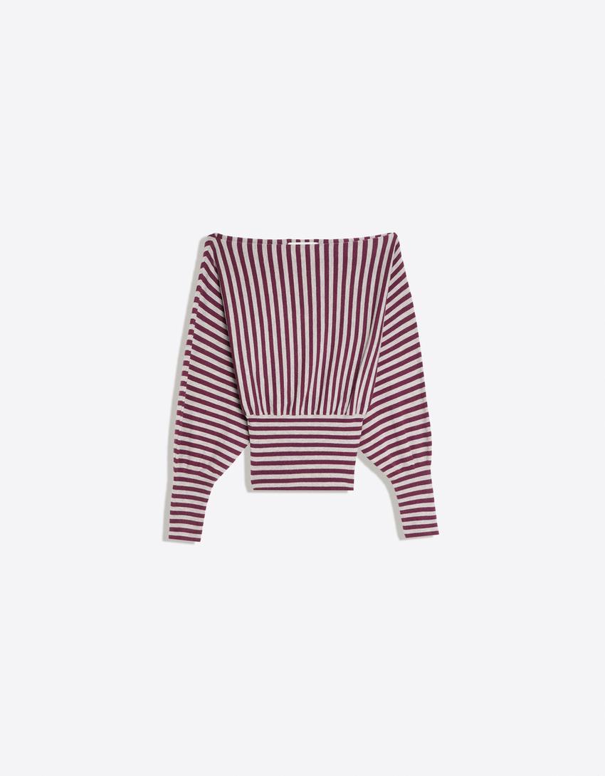 Striped asymmetric neck sweater-Burgundy