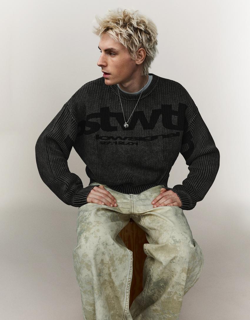 Faded effect print sweater-Black