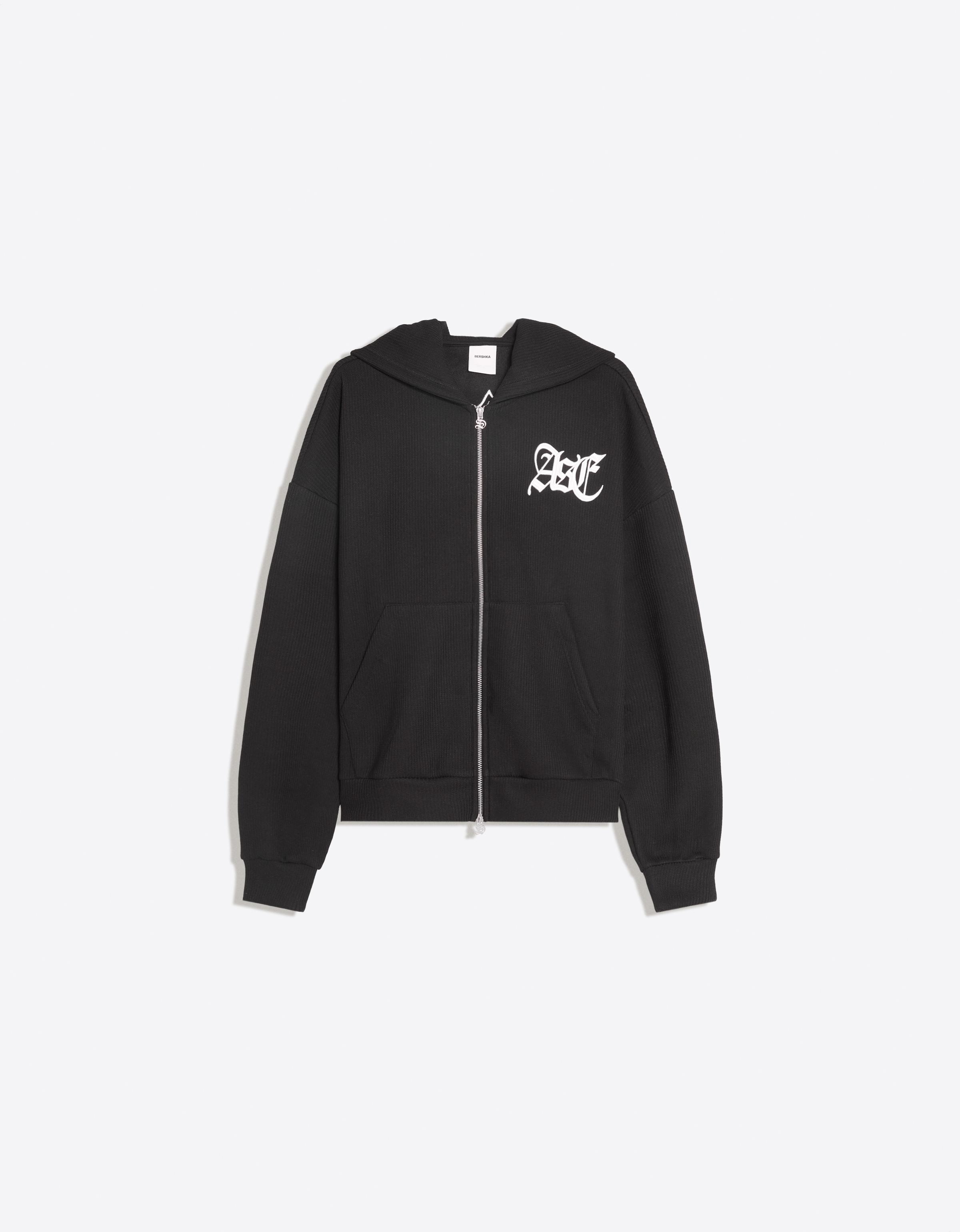 Embroidered waffle-knit hoodie — Black