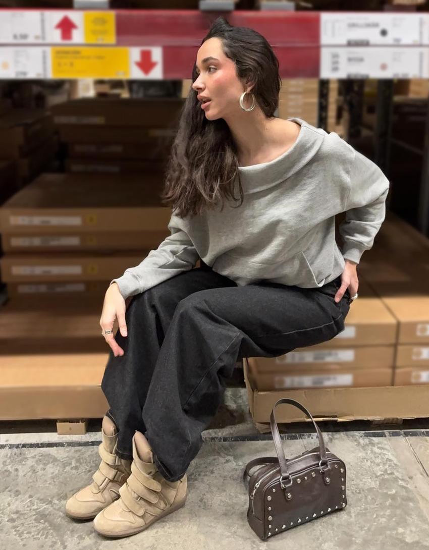 Yüksek bel geniş paça barrel fit jean-Siyah