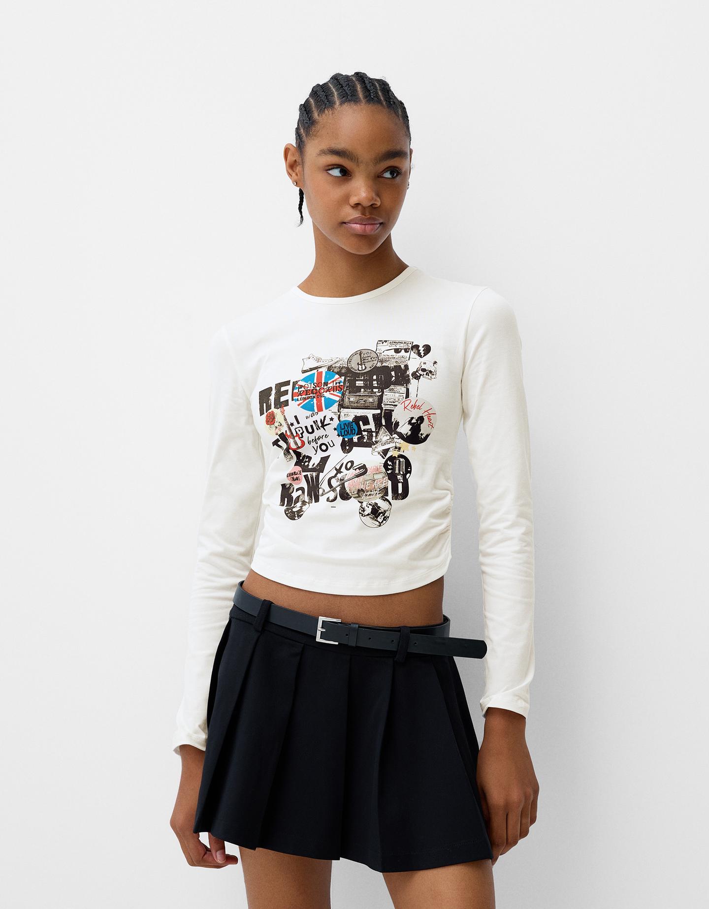 Bershka Camiseta Manga Larga Print Mujer S Blanco Roto