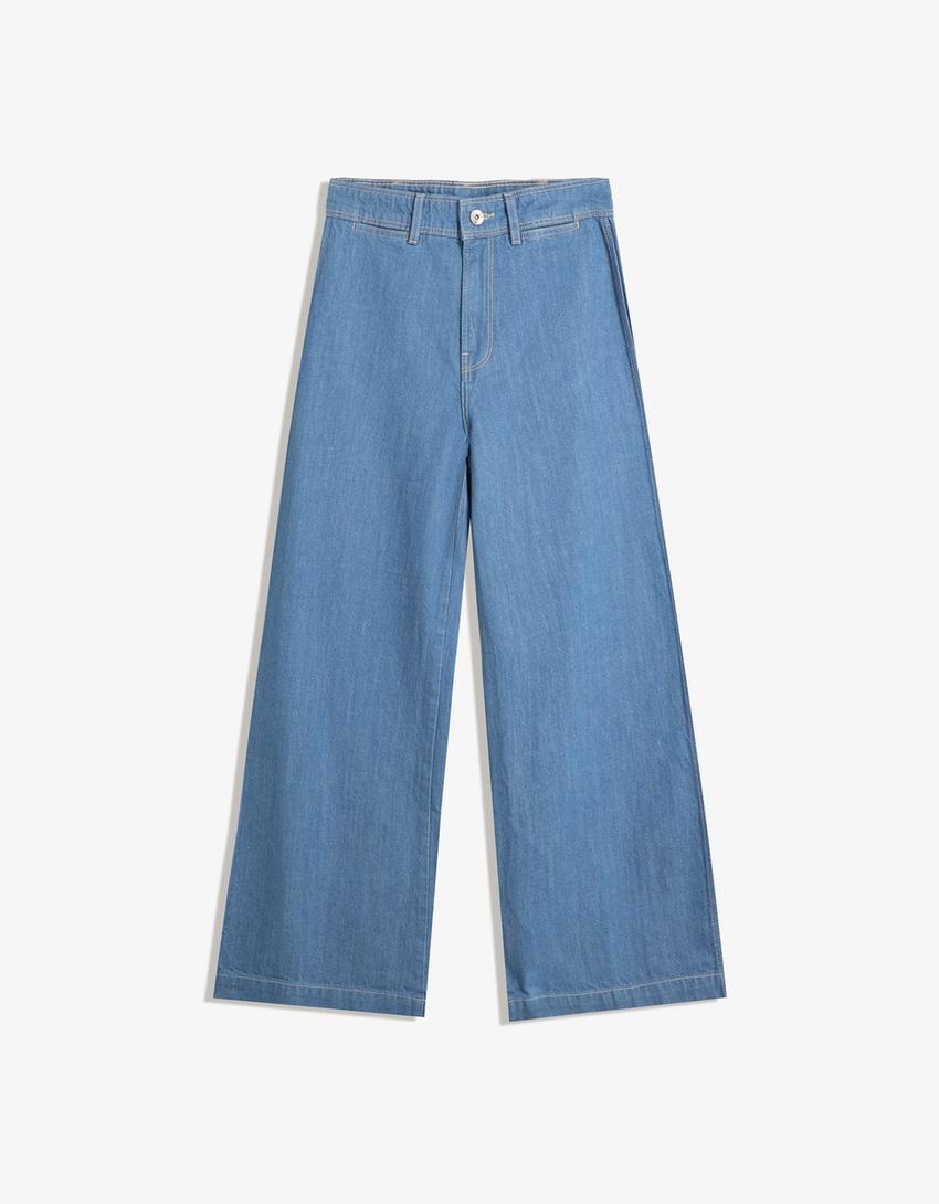Jeansy o kroju wide leg-Niebieski
