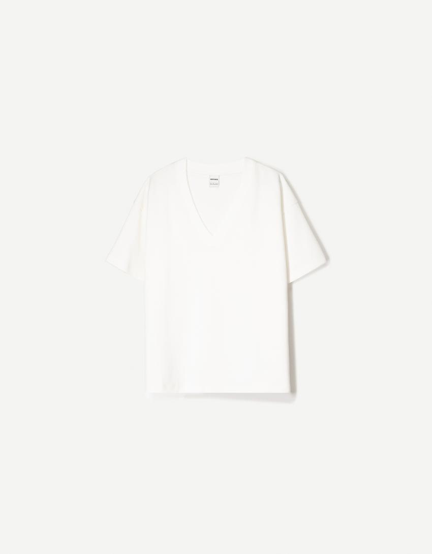 Heavy cotton short sleeve V-neck T-shirt-Off white-3