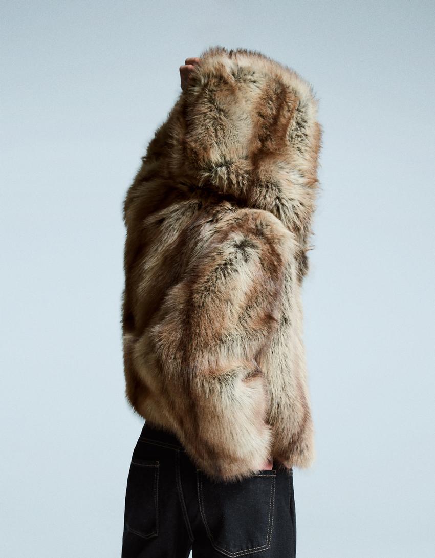 Veste fausse fourrure capuche-Marron