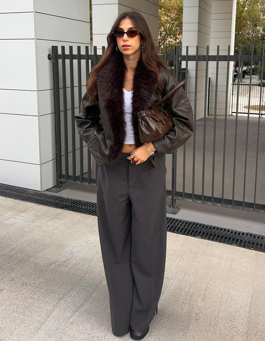 Faux leather jacket with faux fur collar-Brown