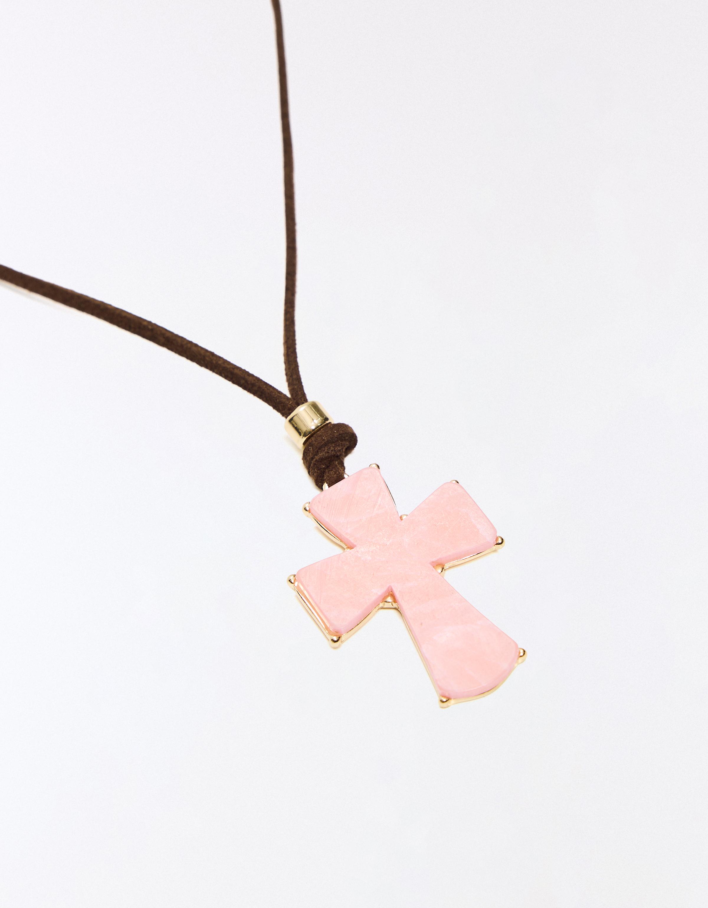Cord necklace with stone cross — Pink