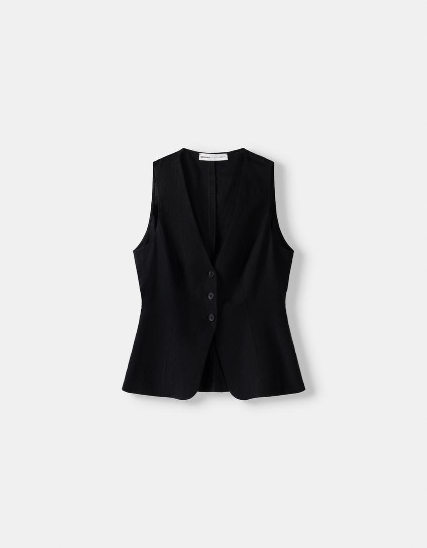 Жилетка по тялото с примес на лен-Черно-4