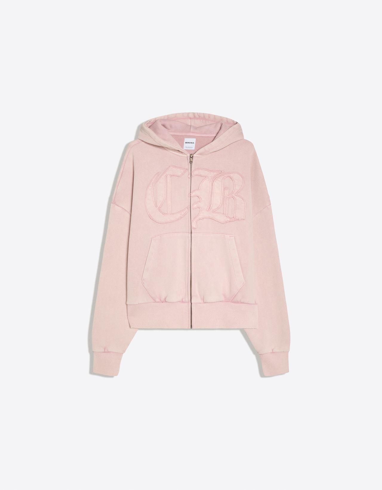 Washed zip-up sweatshirt with hood — Pink