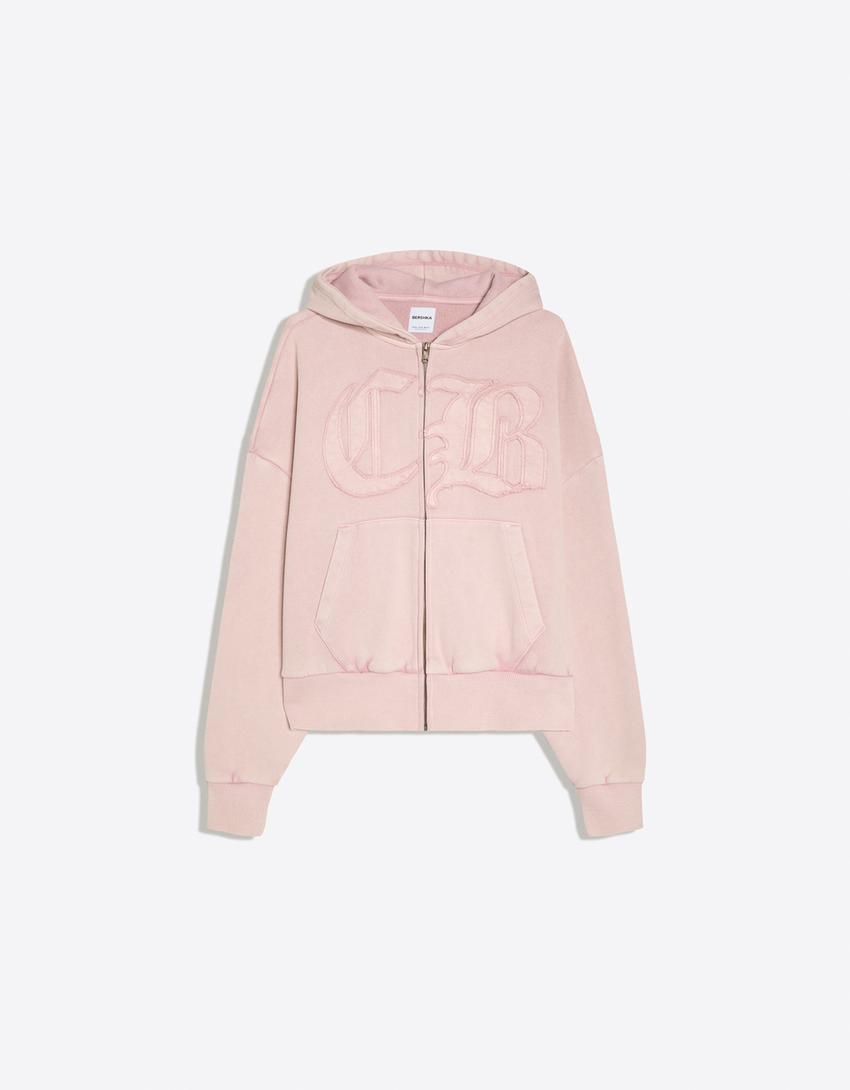 Felpa cappuccio zip effetto lavato-Rosa