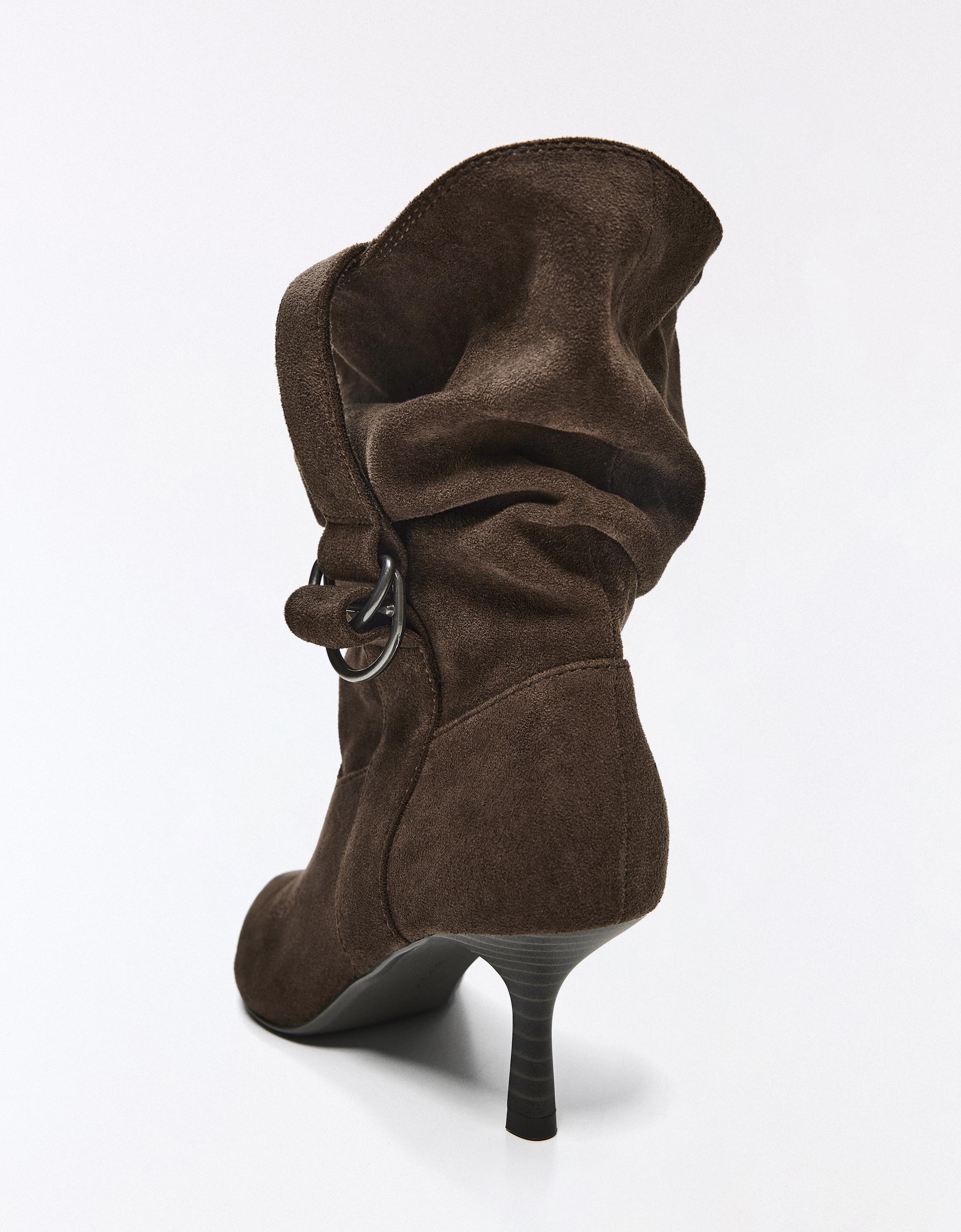SLOUCHY BUCKLE HEEL ANKLE BOOTS — TAUPE