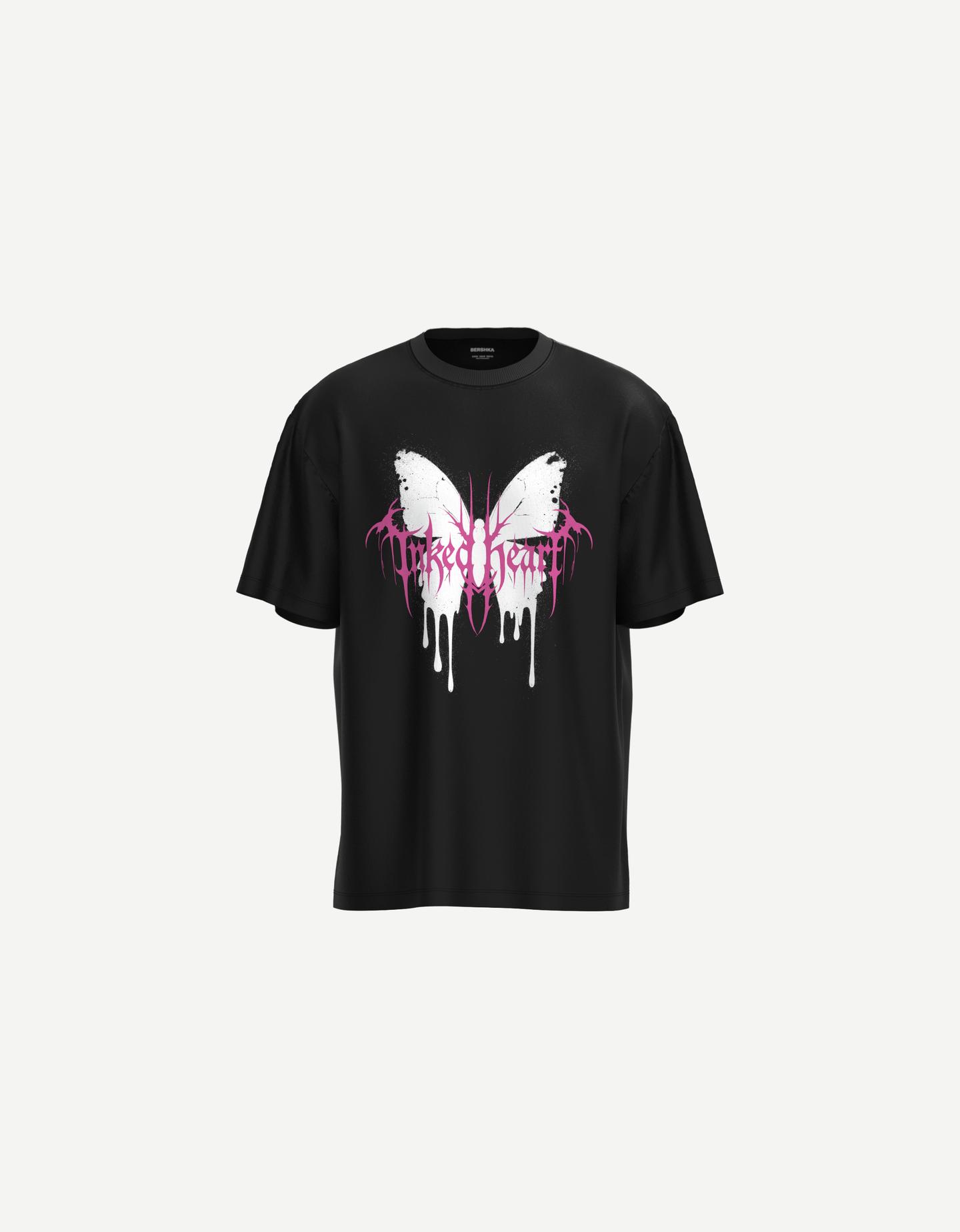 Bershka Camiseta Manga Corta Print Hombre Xl Negro