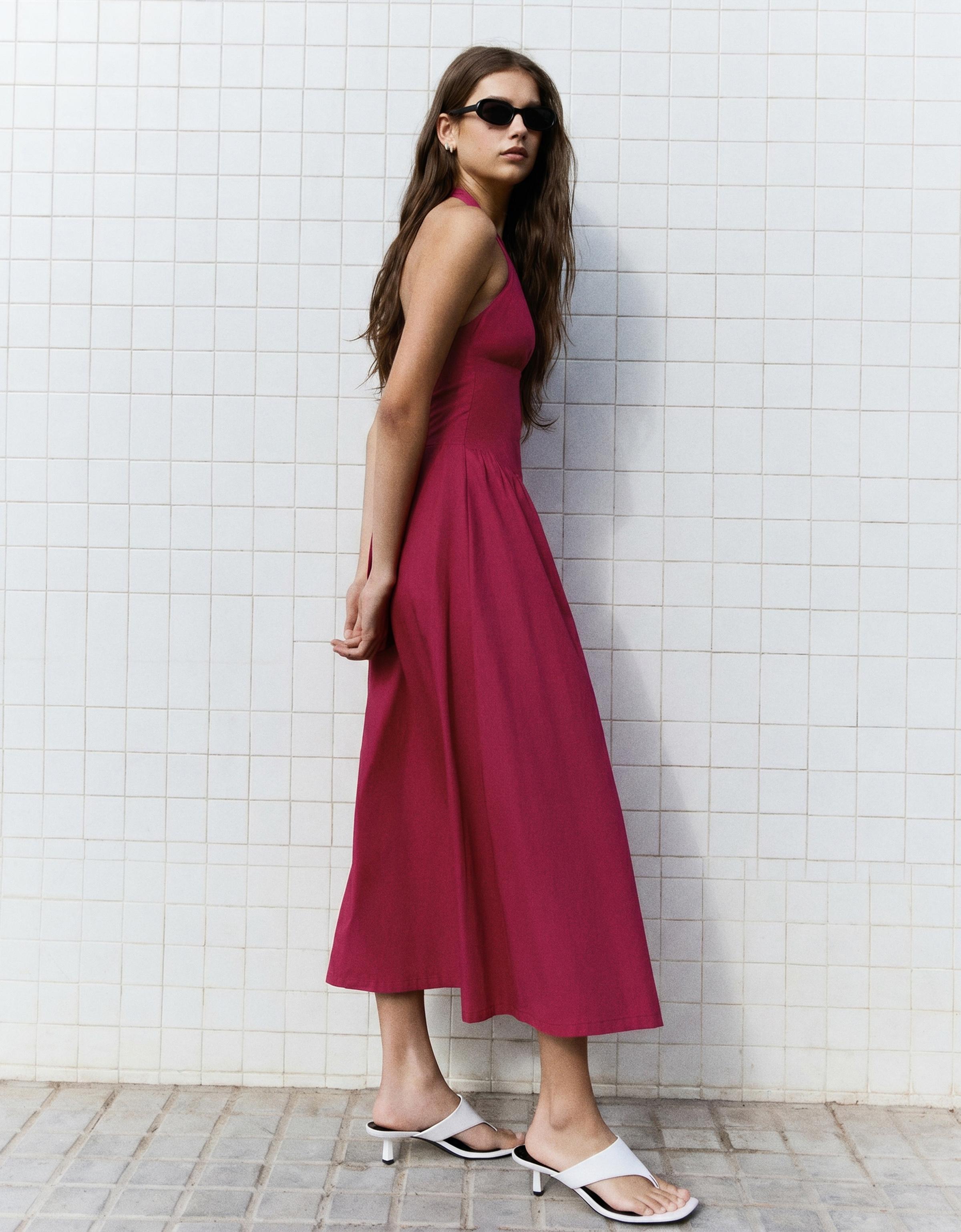 Long halter poplin dress — Burgundy