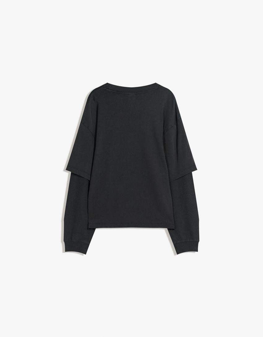T-shirt double manche imprimé-Gris