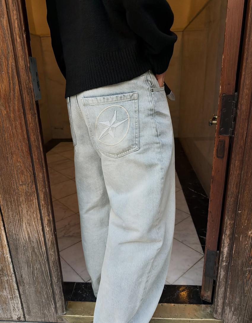 Jeans barrel fit brodé-Bleu clair