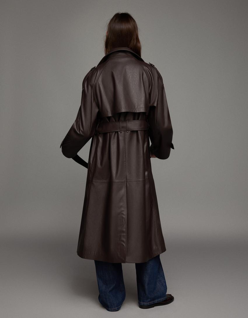 Faux leather trench coat-Brown