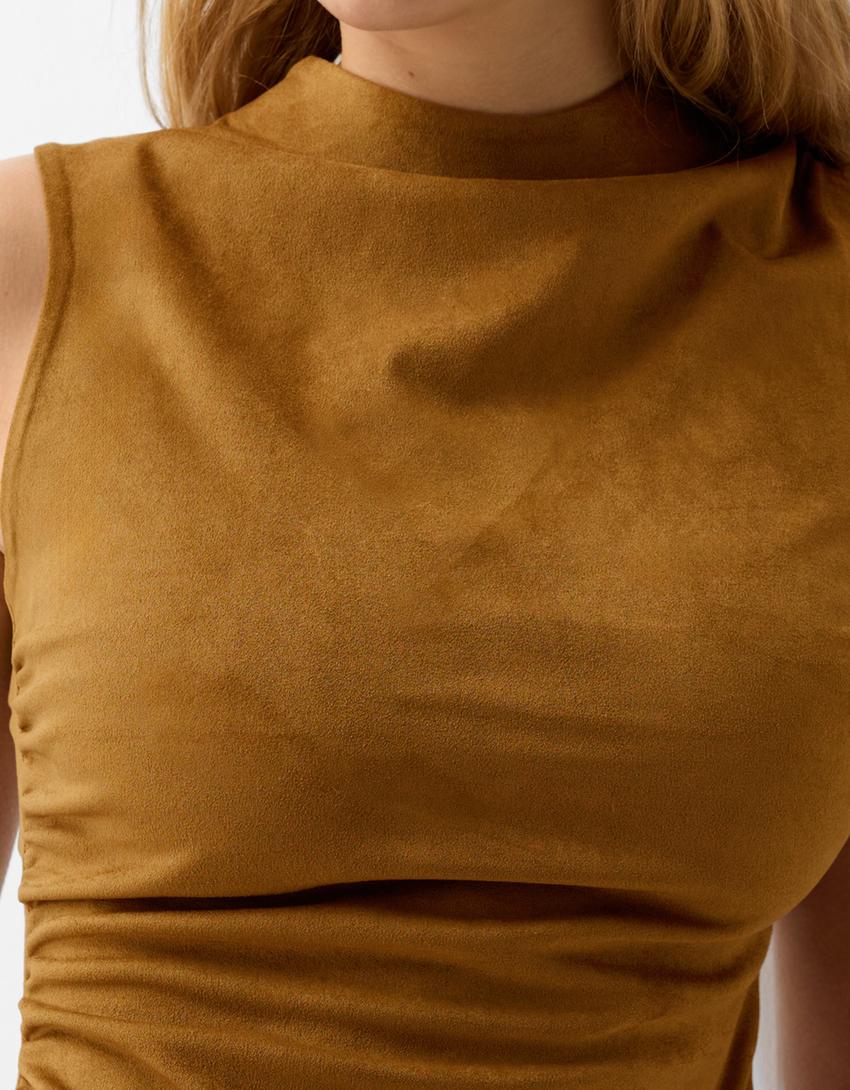 Asymmetric draped leather effect top-Brown-4