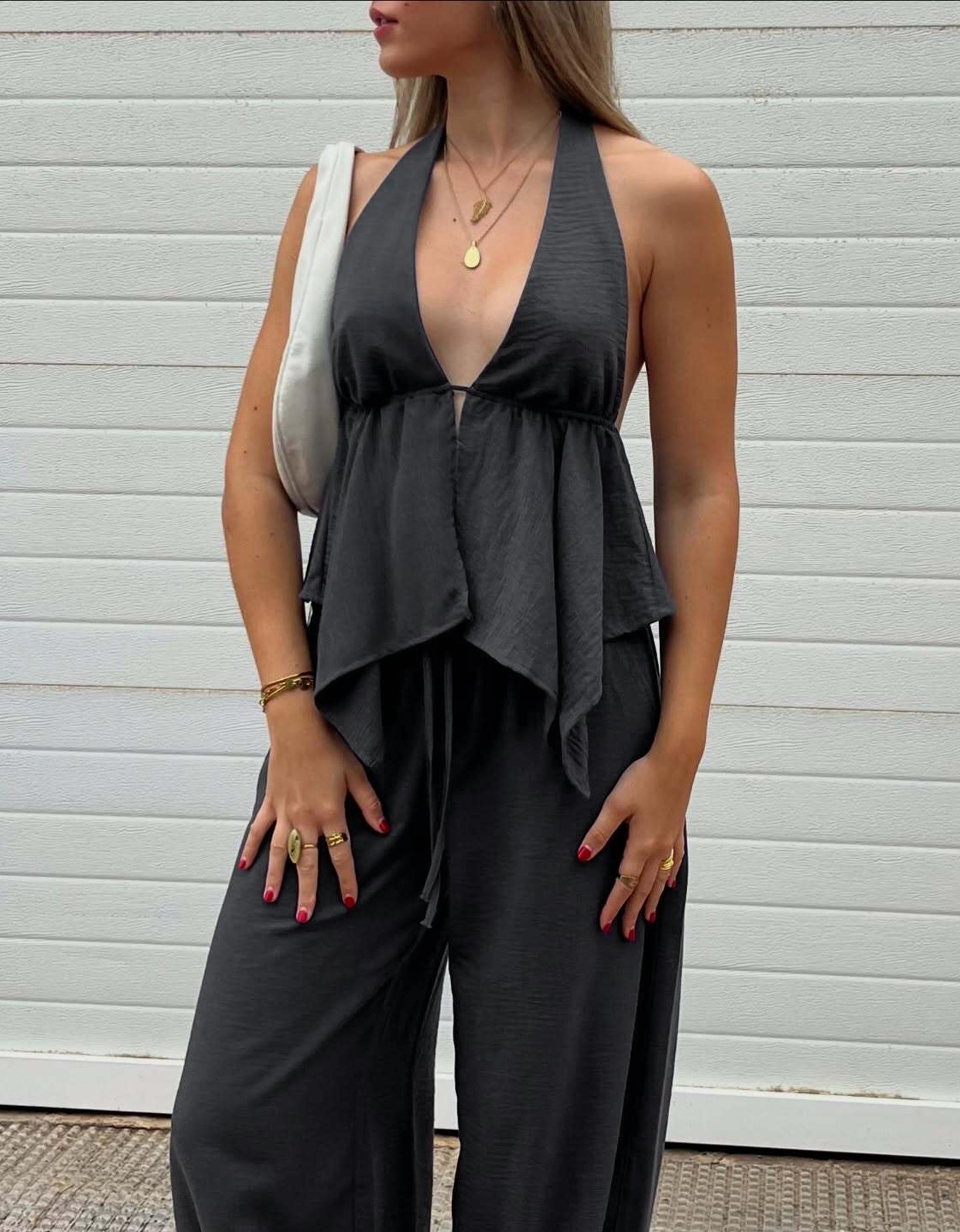 Halter neck tie top — Dark grey