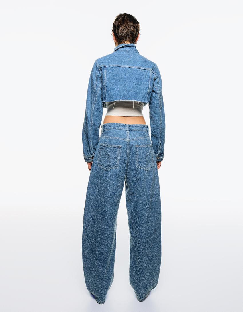 Cropped textured denim jacket-Light blue-2