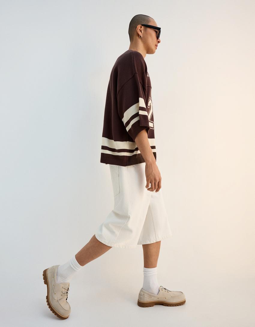 Baggy denim Bermuda shorts-Cream-3