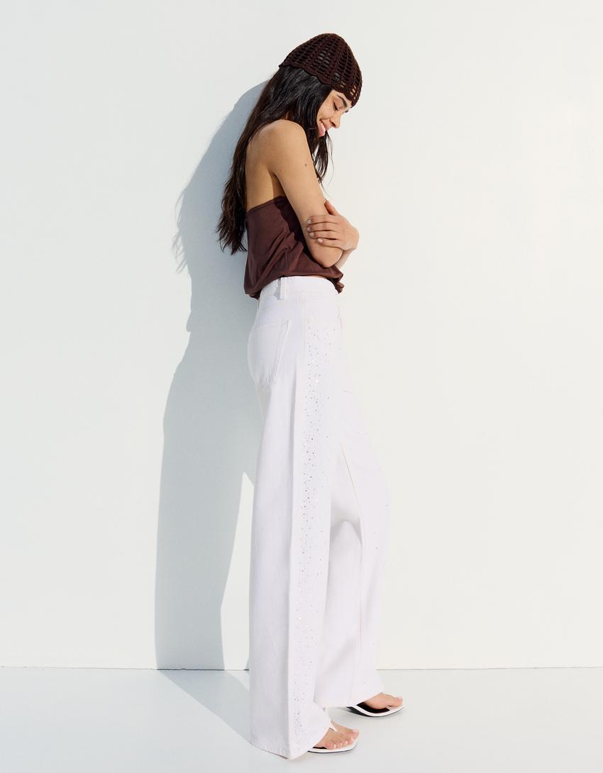 Shimmery high-waist straight-leg jeans-Cream