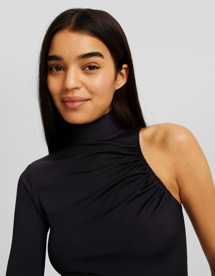 تيشرت بزمة غير متماثل وبأكمام طويلة-أسود-2