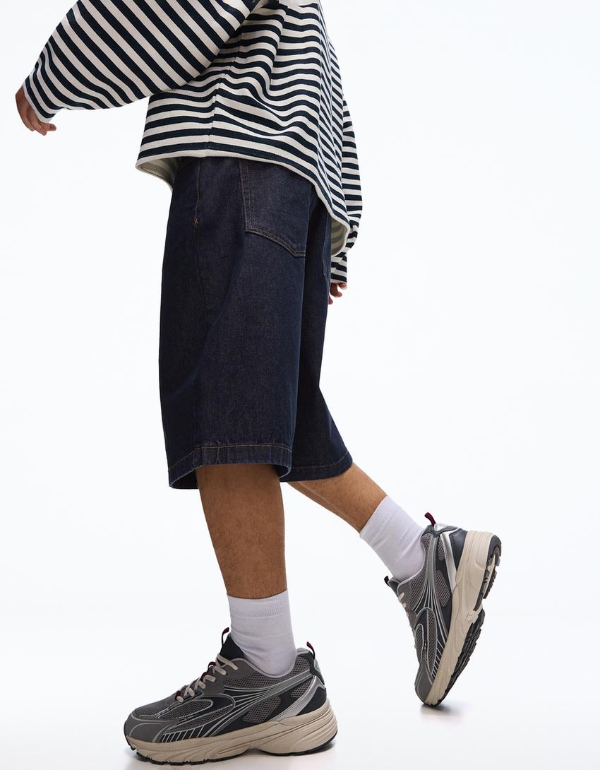 Calções bermuda denim baggy fit-Marinho