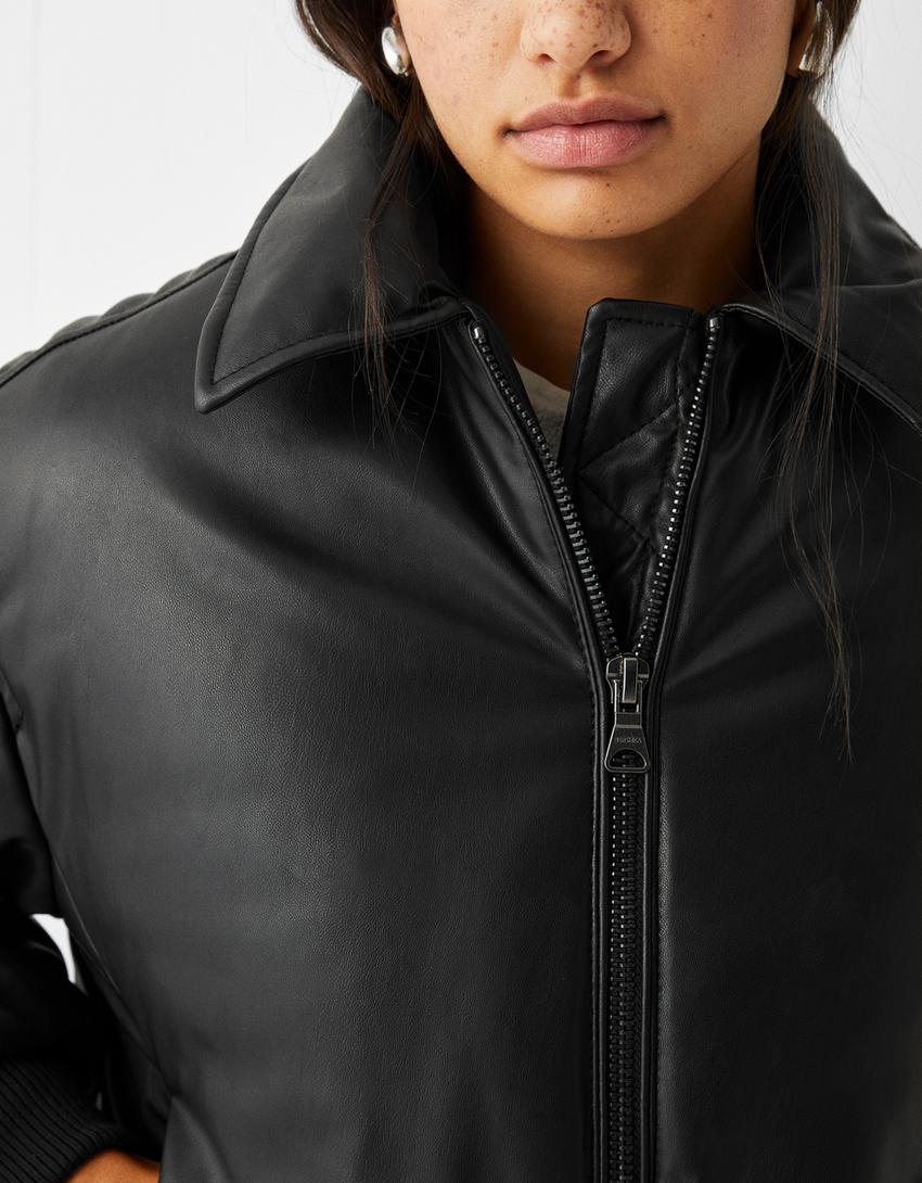 Cropped faux-leather puffer jacket with lapel collar-Black