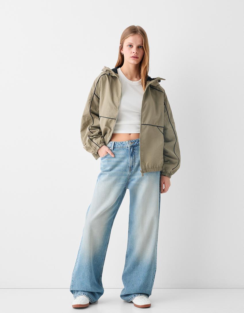 جاكيت بغطاء رأس وتفصيل متباين-كاكي-3