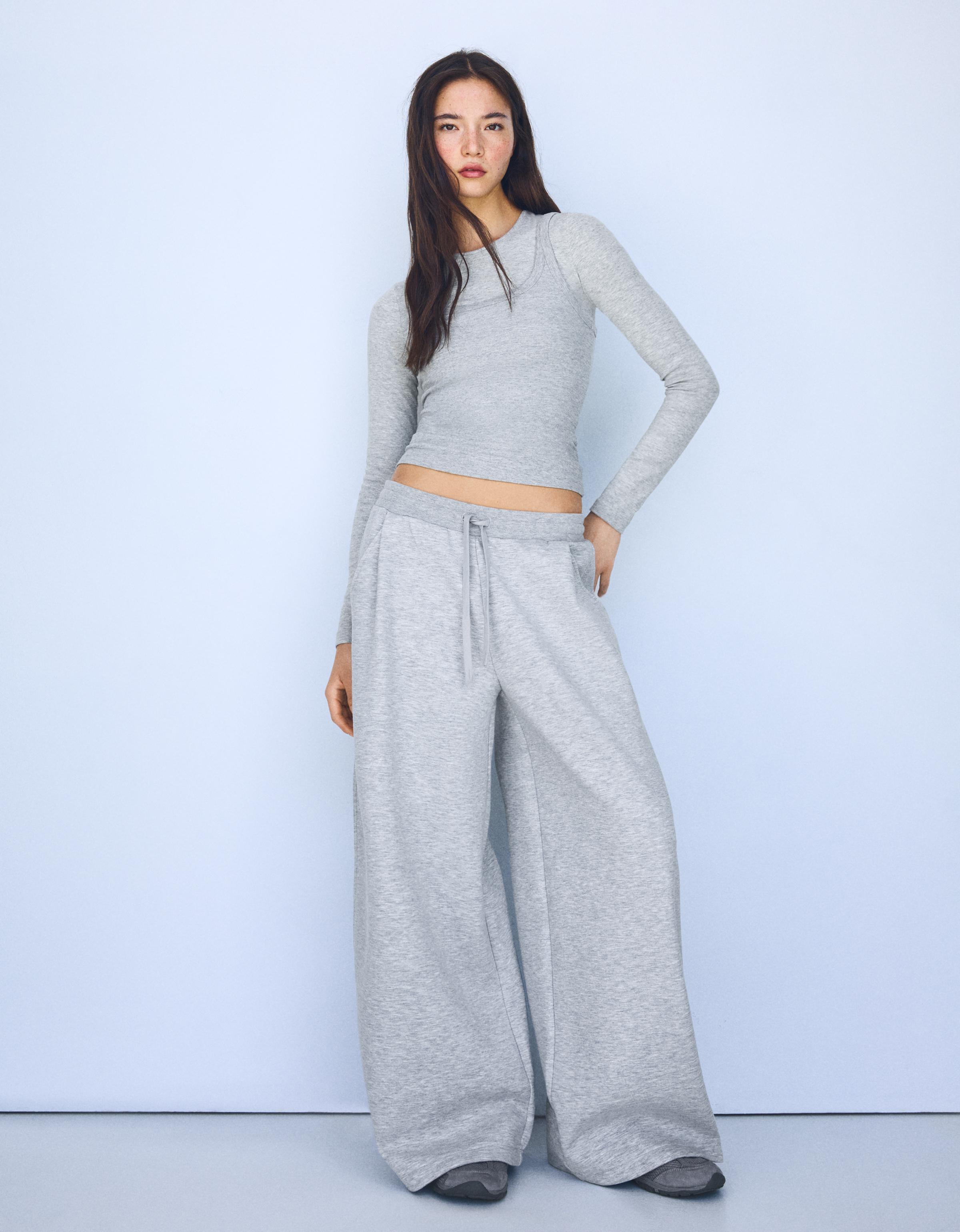 Bershka Pantalón Barrel Modal Mujer Gris
