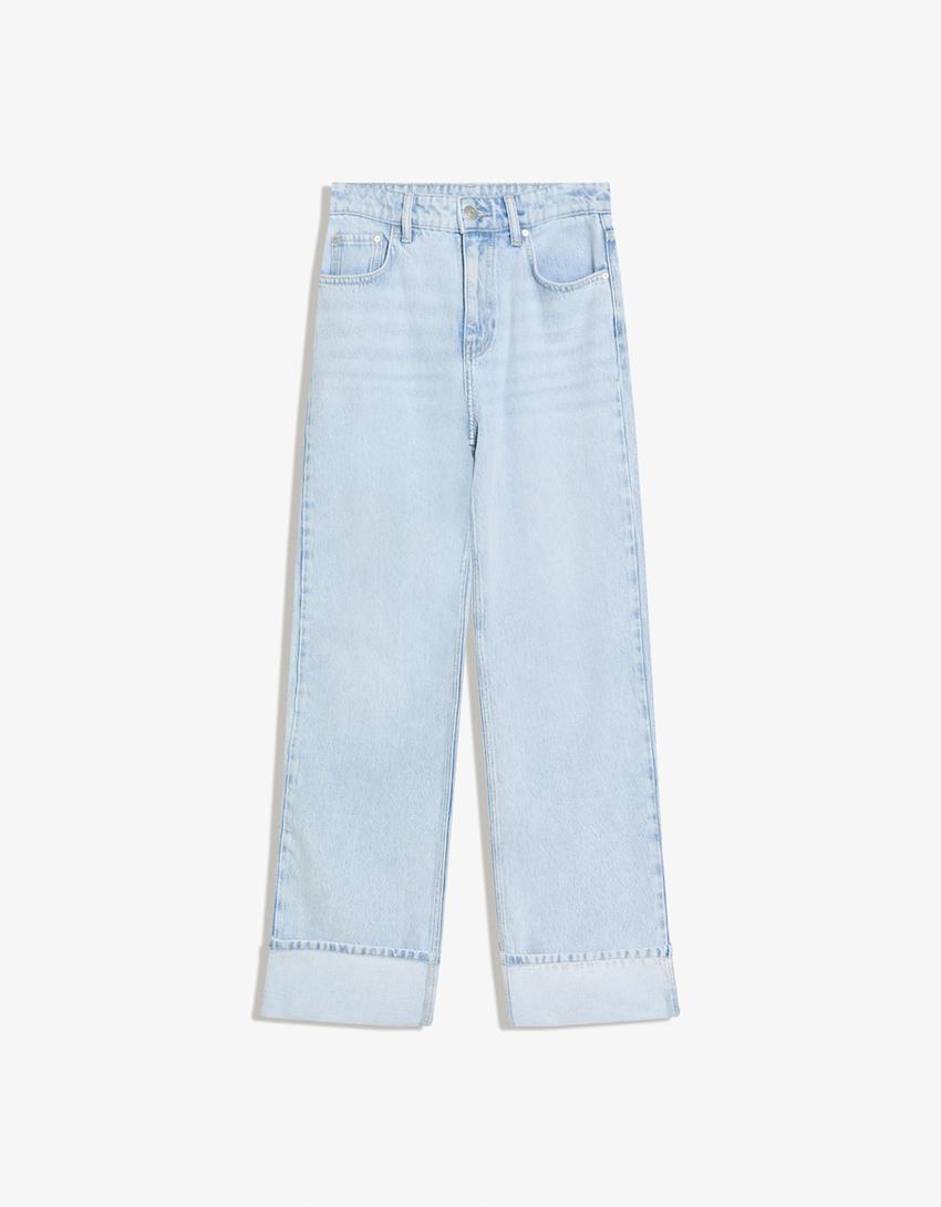 Yüksek bel straight fit geniş paça kıvrık paçalı jean-Açık mavi