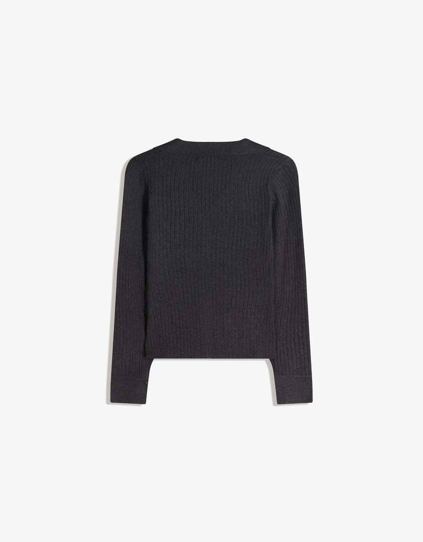 Ribbed polo collar cardigan-Dark grey