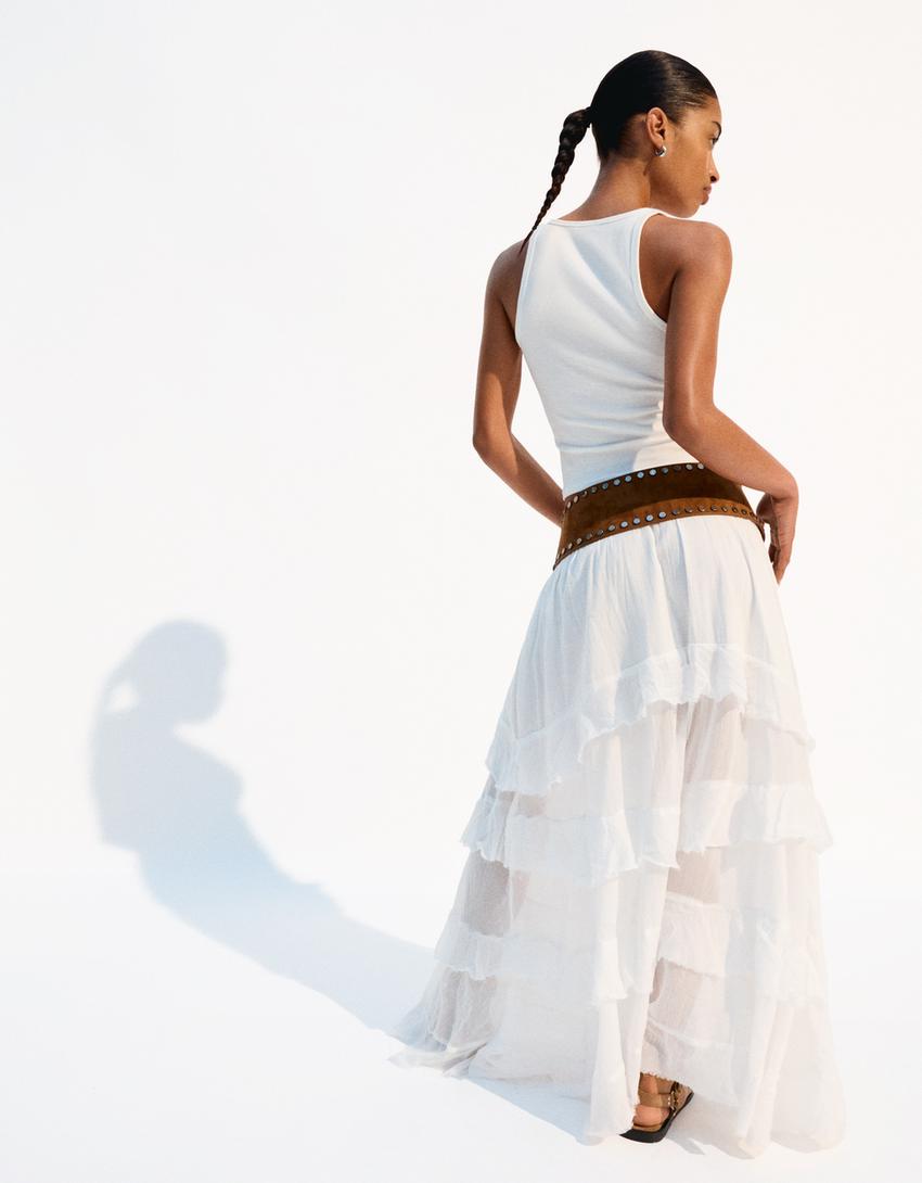 Maxikjol med volang-Krämfärgad