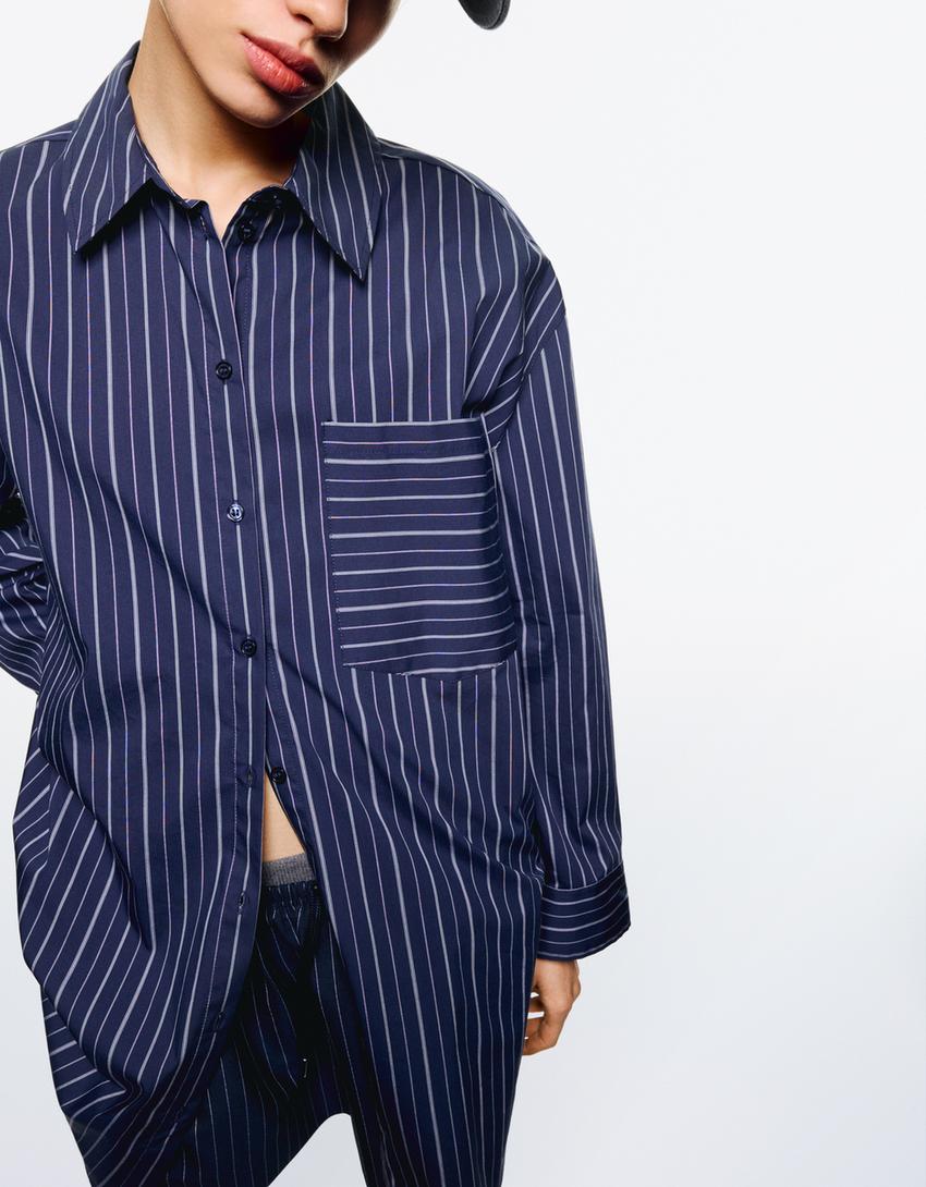 Camicia extra lunga a righe-Blu-1
