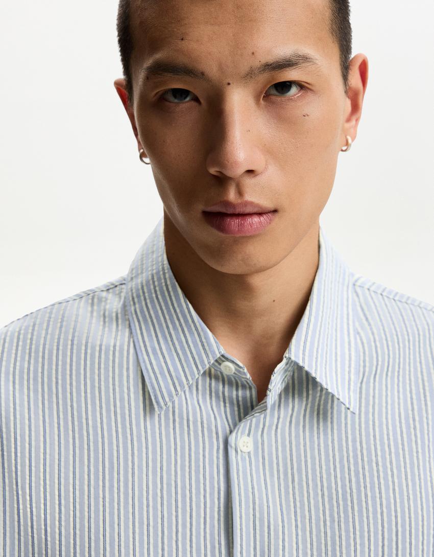 Textured boxy fit short sleeve shirt-Blue-3