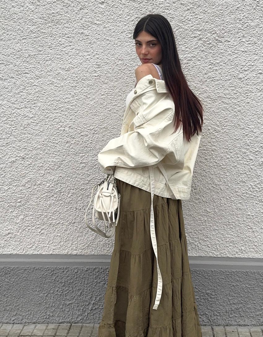 Midi skirt with fold-over waist-Khaki