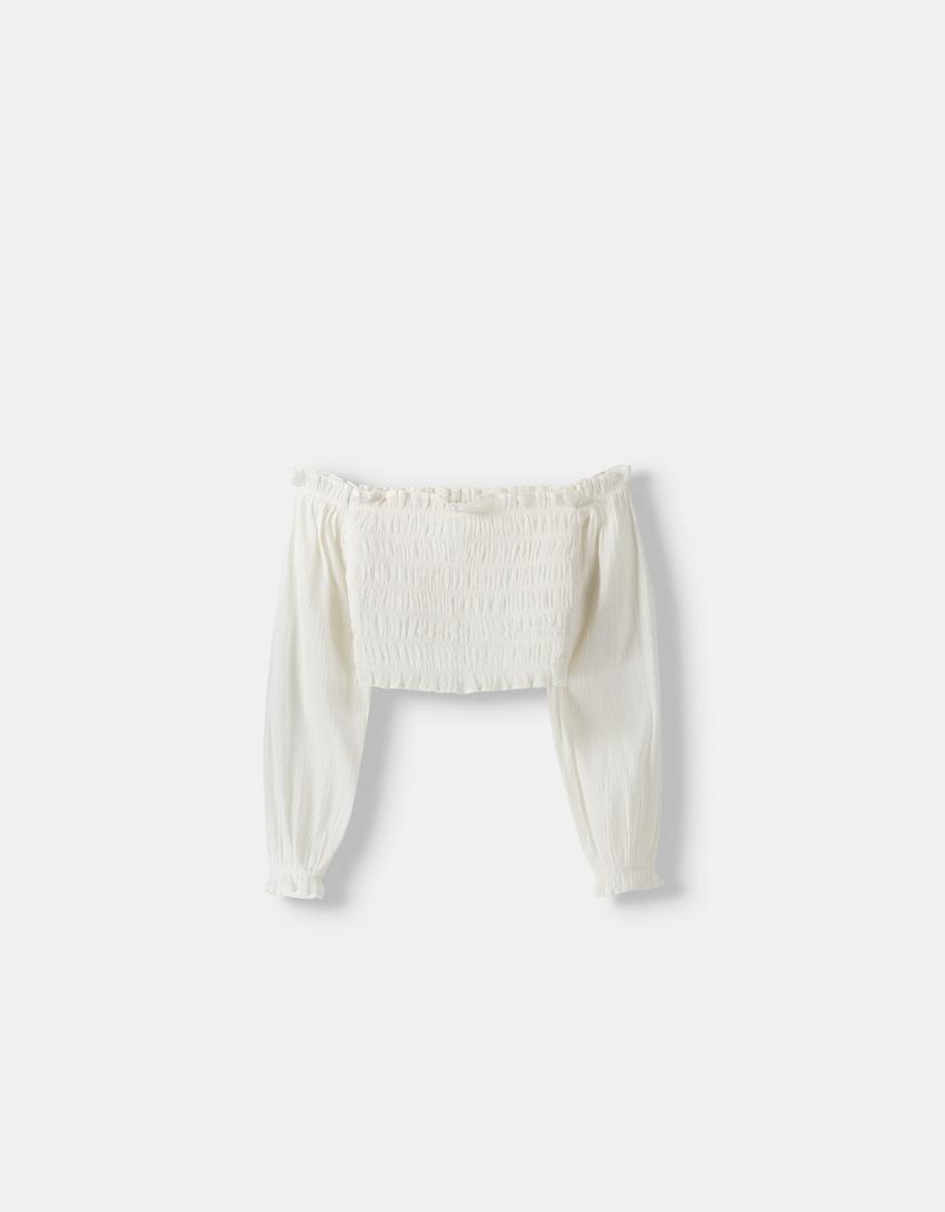 بلوزة ضيقة بأكمام طويلة وتفصيل مرن-كريمي-4