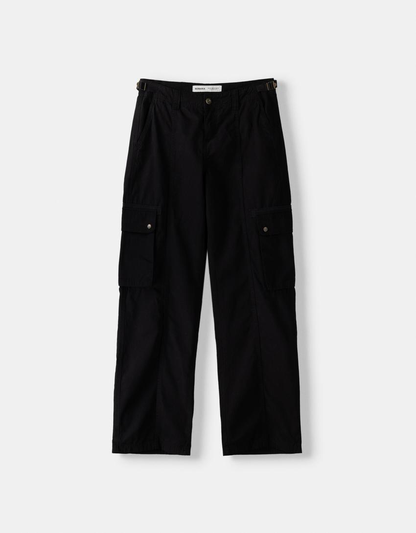 Adjustable straight-leg cotton cargo trousers-Black-5