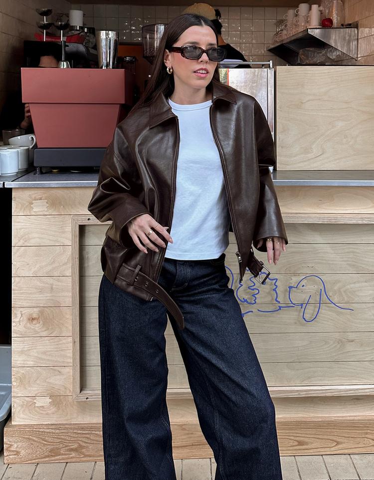 Faux leather bomber jacket with belt