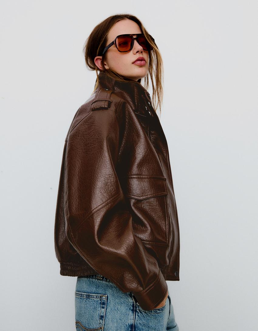 Jakna od umjetne kože sa širokim podignutim ovratnikom-Smeđa