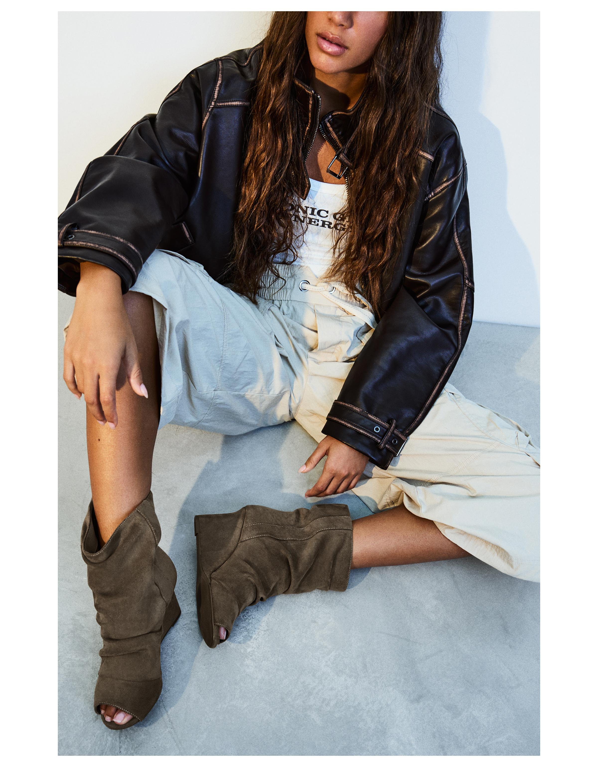 SLOUCHY WEDGE PEEP TOE ANKLE BOOTS — TAUPE