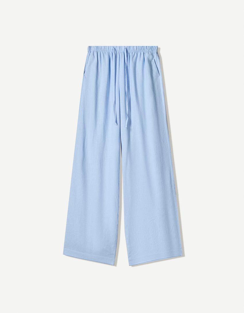 Linen blend trousers with an elasticated waistband-Light blue-0