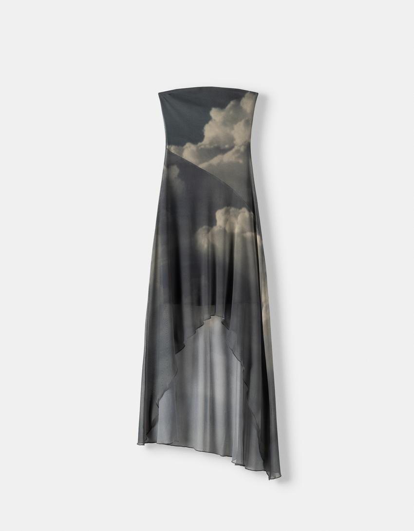 Vestido midi bandeau de tule assimétrico-Cinzento-escuro-4